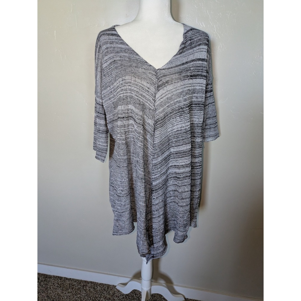 Pico Vela Oversized Knit Small V-Neck Tunic Top Gray Black Marled Boho Lagenlook